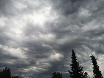 Low angle view of trees against cloudy sky
