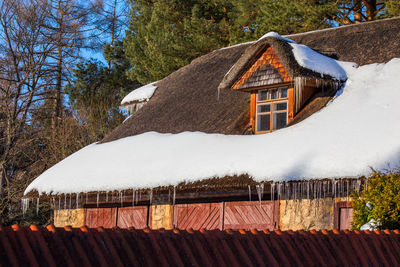 House amidst trees and buildings against sky during winter with snow on roof