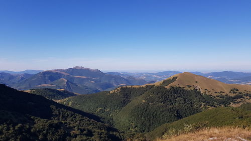 Panoramic view of mountains against clear blue sky