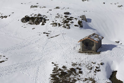 High angle view of snow covered land