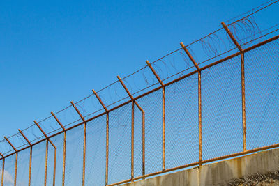 Low angle view of chainlink fence against clear blue sky