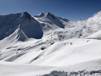 Scenic view of snow covered mountains against sky