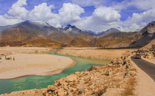 Scenic view of snowcapped mountains against sky