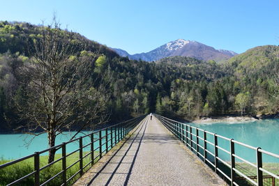 Footbridge amidst trees against sky