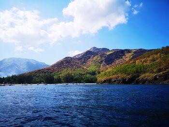 Scenic view of lake and mountains against sky