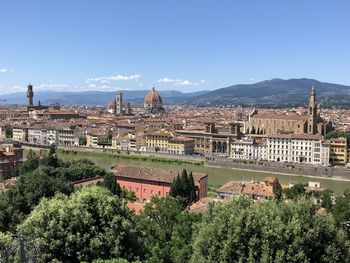 Panoramic view of trees and buildings against sky