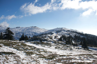 Scenic view of snowcapped mountains against sky
