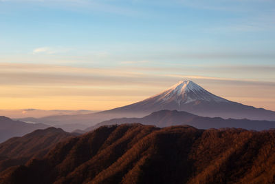 Scenic view of snowcapped mountains against sky during sunset