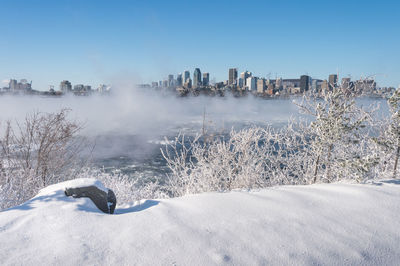 Panoramic shot of frozen lake against clear sky