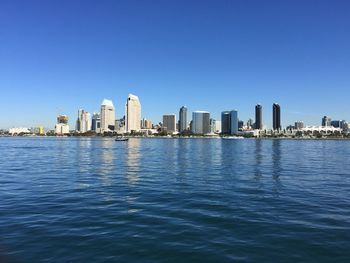 Sea by cityscape against clear sky