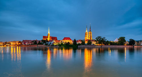 Panorama of the cathedral island in wroclaw, poland, at night