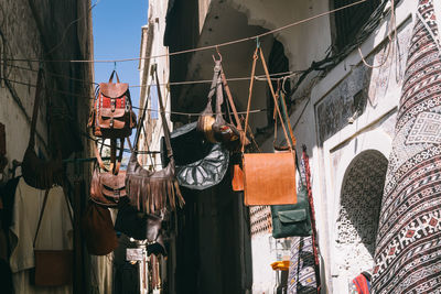 Colourful handcrafted leather bags of moroccan style, essaouira, morocco
