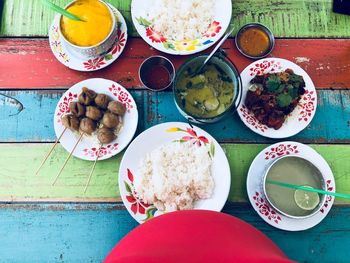 High angle view of breakfast on table