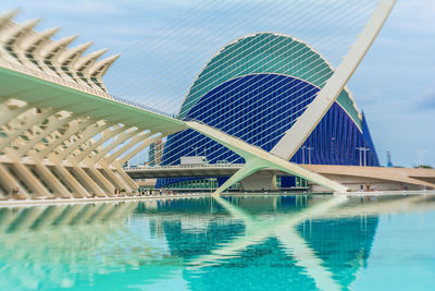 Reflection of building in swimming pool