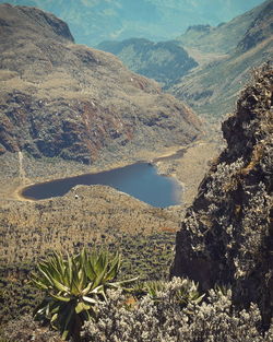 High angle view of lake and mountains