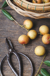 High angle view of fruits in basket on table