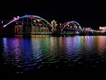 Illuminated bridge over river at night