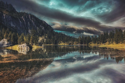 Scenic view of lake and mountains against sky