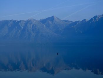 Scenic view of lake by snowcapped mountains against sky