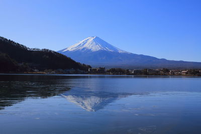 Scenic view of lake and mountains against clear blue sky