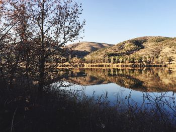 Scenic view of lake against clear sky