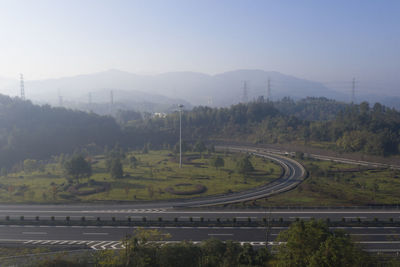 High angle view of road against clear sky