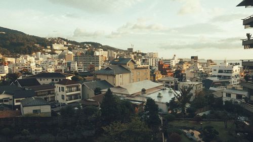 High angle shot of townscape against sky