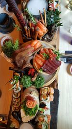 High angle view of various food on table