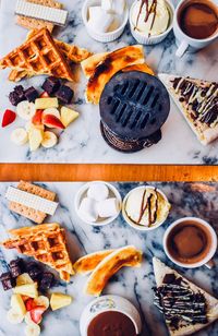 Directly above shot of cake served on table