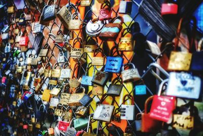 Full frame shot of padlocks on chainlink fence