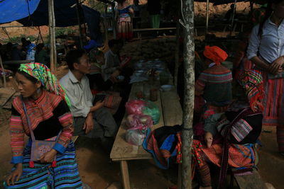 High angle view of people in market