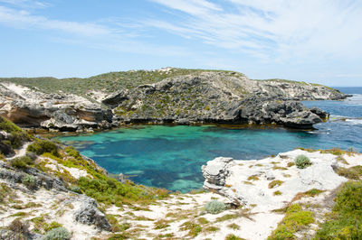 Scenic view of sea by cliff against sky