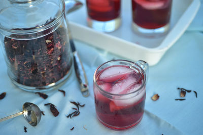 High angle view of drink in glass jar on table