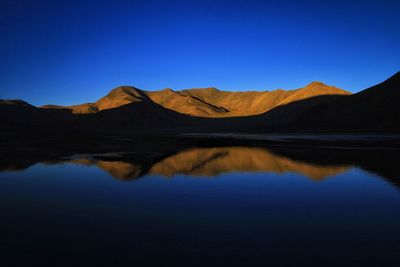 Scenic view of lake and mountains against clear blue sky