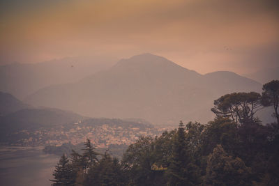 High angle view of mountains against sky during sunset