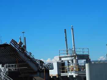 Low angle view of crane by building against clear blue sky