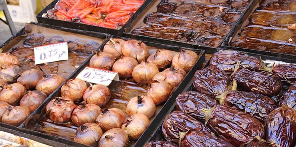 High angle view of food for sale in market
