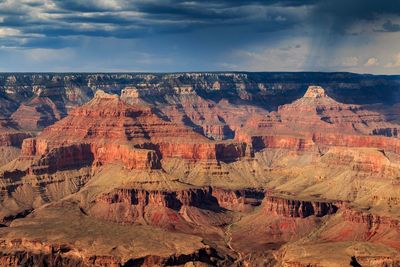 Aerial view of rock formations against cloudy sky