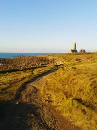 Scenic view of calm sea against clear sky