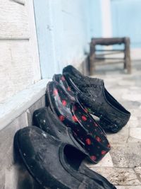 High angle view of shoes on wall