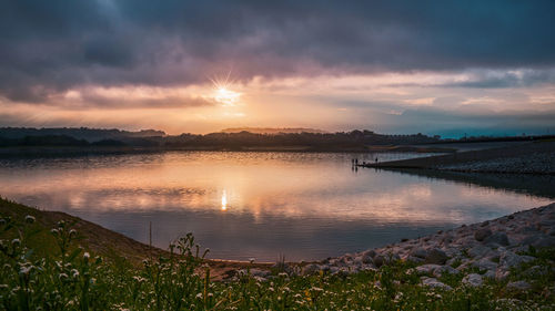 Scenic view of lake against sky during sunset