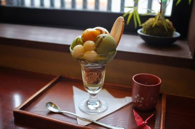 Close-up of fruits in glass on table