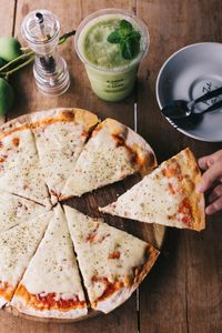 High angle view of pizza on table