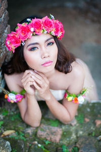 High angle view of smiling young woman
