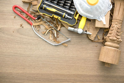 High angle view of tools on table