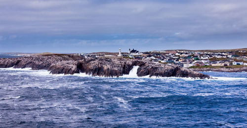 Scenic view of sea and rock formation against sky