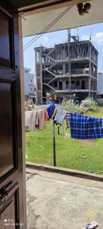 Clothes drying against building