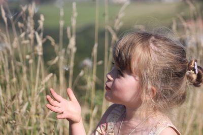 Close-up of young girl blowing dandelion spore