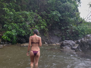 Rear view of shirtless man standing on rock in forest