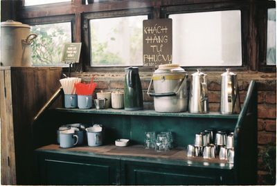 High angle view of containers on table